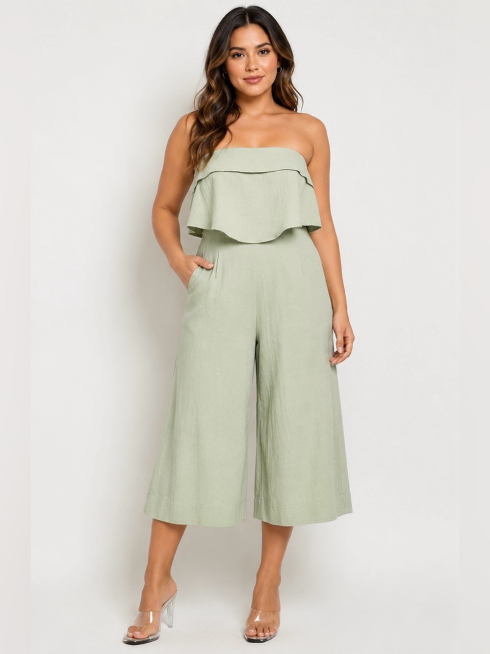 Strapless Ruffle Wide-Leg Jumpsuit - Sage